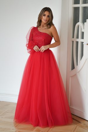 Sukienka balowa na jedno ramię – czerwona
