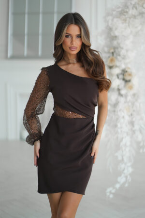 Krótka sukienka cekinowa na jedno ramię-CZEKOLADA
